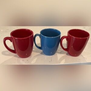 3-Corelle Mugs 2-Red & 1-Blue All in Great Condition  4” Tall by 3-1/4” Wide